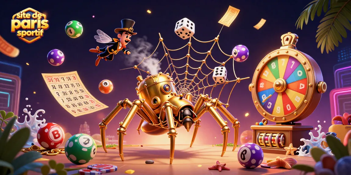 Illustrez le site de paris sportif avec une araignée steampunk et des ballons colorés en pleine action.