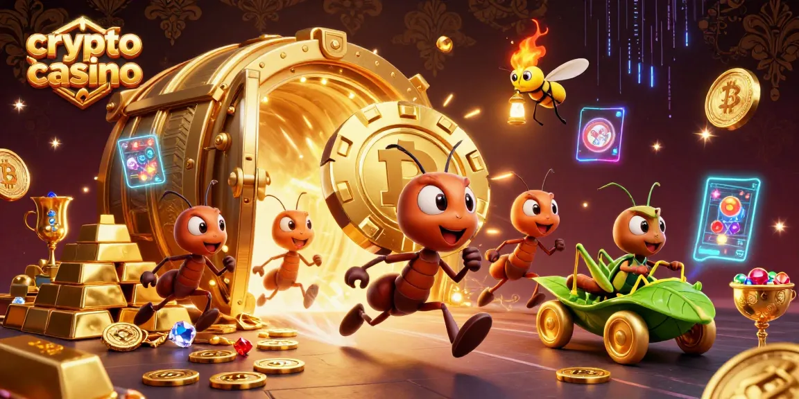 Une scène dynamique illustrant un crypto casino animé avec des fourmis transportant un jeton de poker en or.