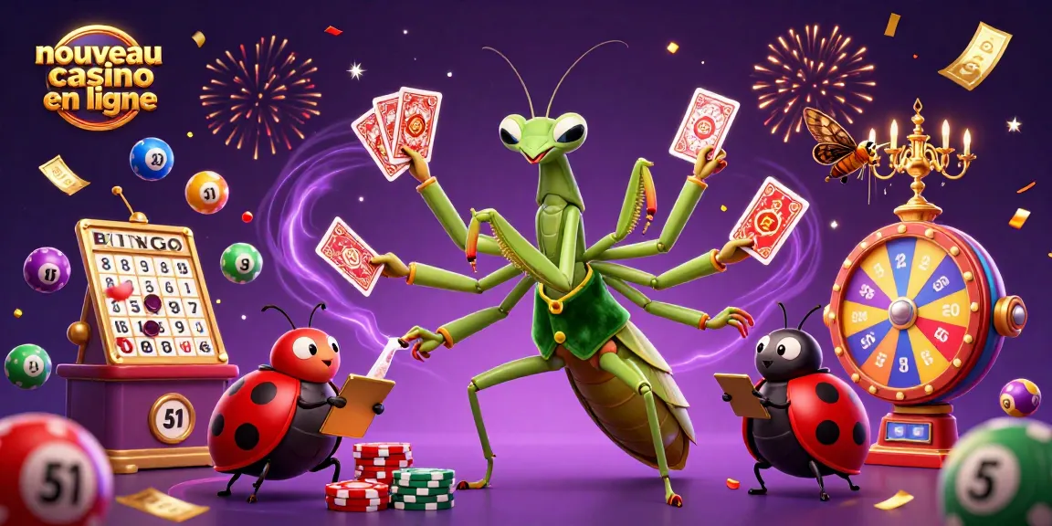 Illustration dynamique d'un nouveau casino en ligne mettant en scène un croupier mante religieuse et une responsable coccinelle.
