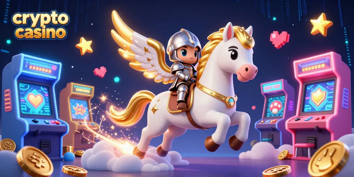 Jouez dans un crypto casino avec un cheval céleste et des machines à sous colorées en arrière-plan.