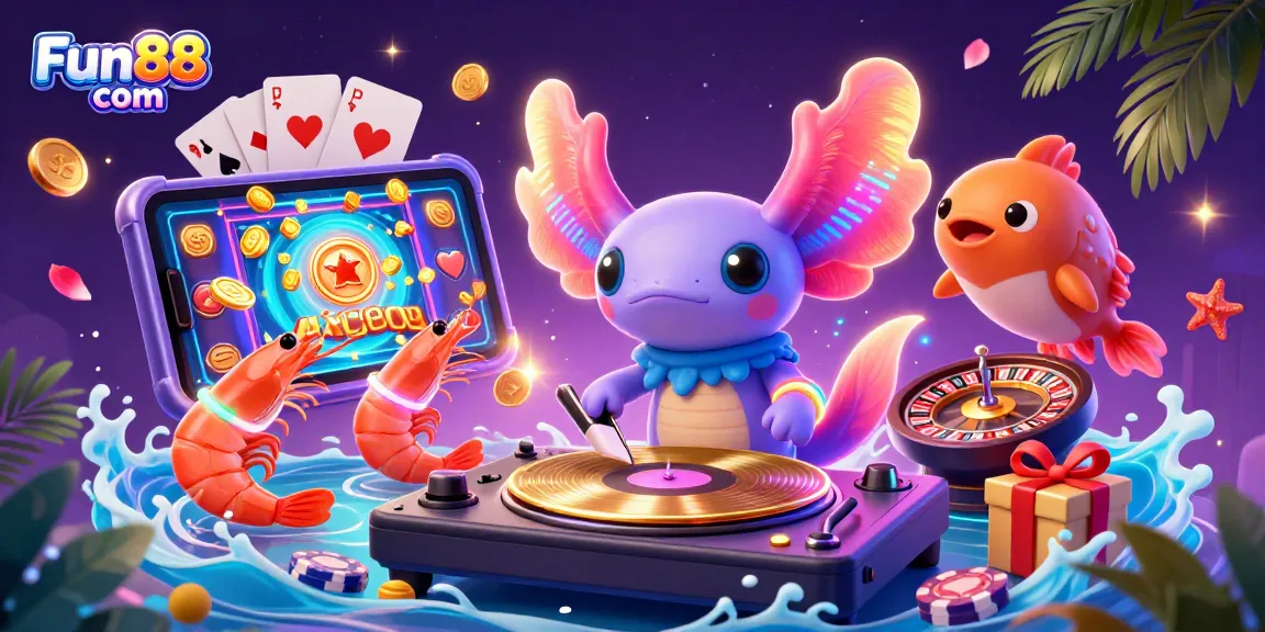 Engage with Fun88 com's electrifying 3D casino scene featuring vibrant characters and dynamic gaming elements.