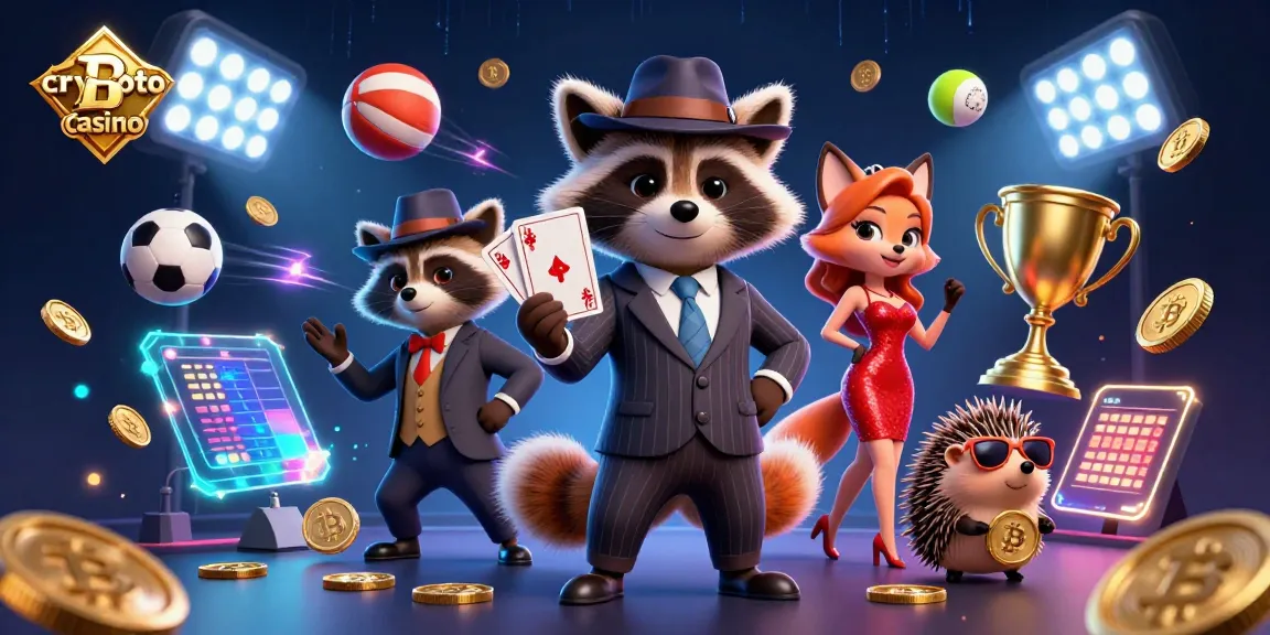 Illustration dynamique montrant un casino crypto avec un raton laveur en costume, une renarde et un échidné.