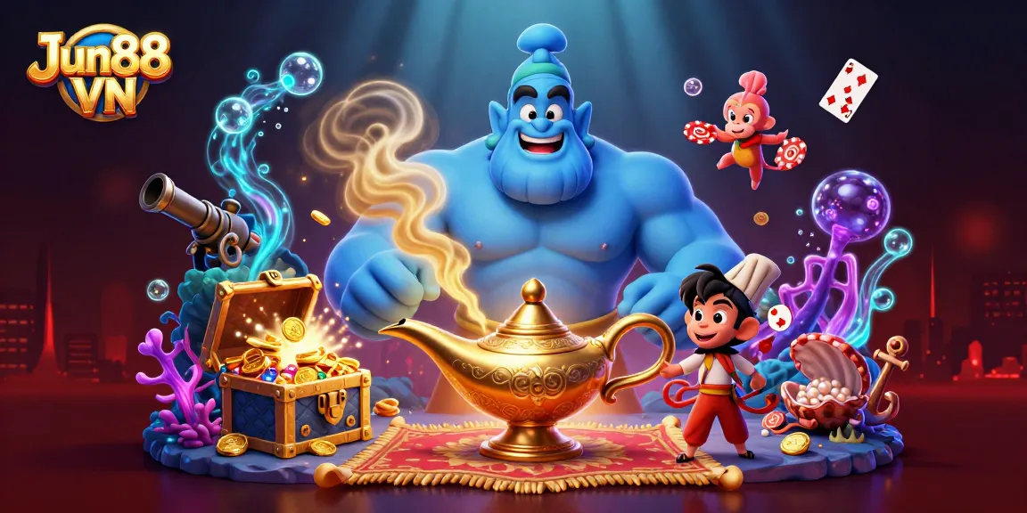 Experience thrilling gaming with Jun88 VN featuring an energetic genie, playful monkey, and vibrant casino elements.