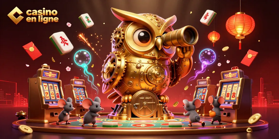 Plongez dans l'univers du casino en ligne avec un hibou doré vigilant et des souris entre les machines à sous.