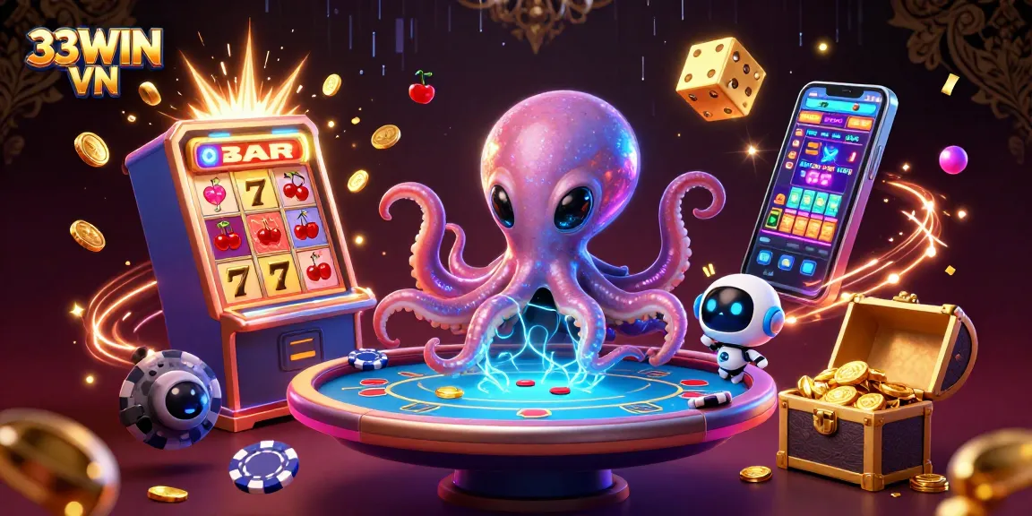 Experience thrilling gameplay at 33WIN VN with a vibrant alien-themed casino scene showcasing exciting poker tables and jackpot wins.