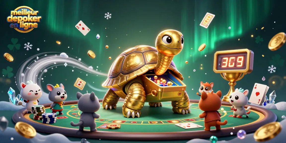Illustration captivante du meilleur site de poker en ligne avec tortue dorée et jeu de poker.