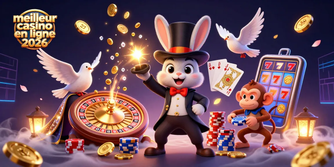 Illustration colorée du meilleur casino en ligne 2026 avec un magicien, une colombe et un singe, captivant l'énergie du jeu.