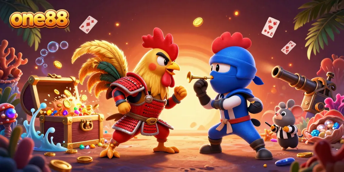 one88 features an epic standoff between cartoon roosters amidst casino-themed elements and treasure.