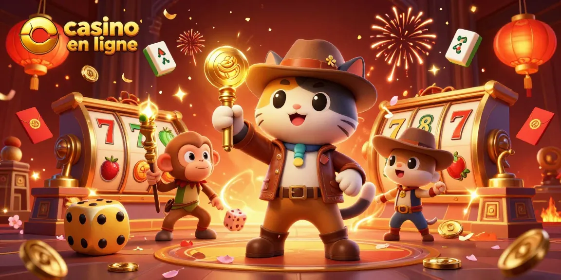 Jouez au casino en ligne avec des jackpots et des symboles porte-bonheur dans une illustration animée.
