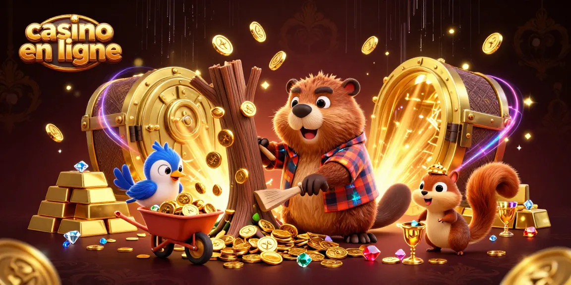 Jouez au casino en ligne avec des personnages illustrés collectant des pièces d'or dans un décor luxueux.