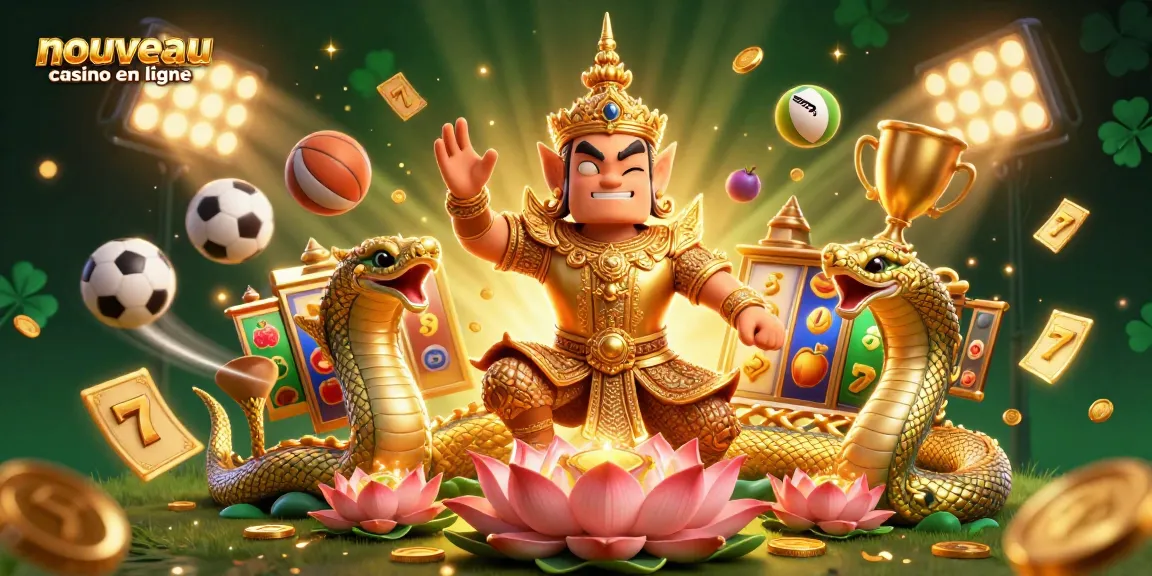 Illustration d'un nouveau casino en ligne, avec un gardien thaï en armure or, des serpents Naga et des rouleaux de machines à sous.