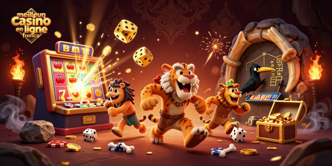 Illustration dynamique du meilleur casino en ligne France avec des personnages préhistoriques jouant ensemble.