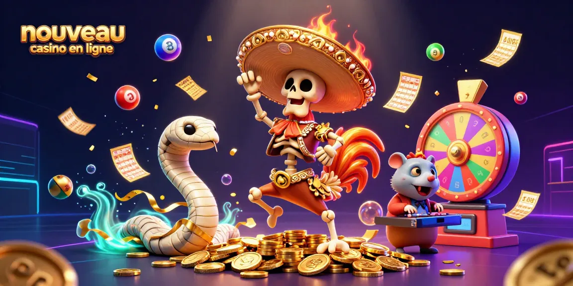 Participation à un nouveau casino en ligne avec une illustration dynamique de personnages festifs et jeux de loterie.