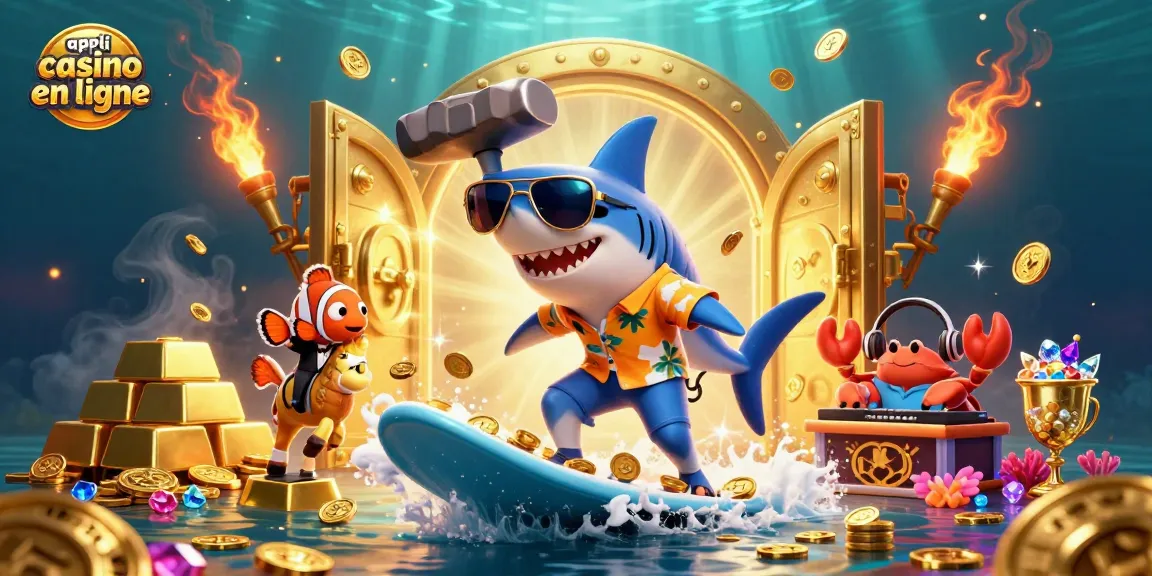 L'illustration capturant l'expérience d'appli casino en ligne avec un requin marteau et des éléments de jeu.