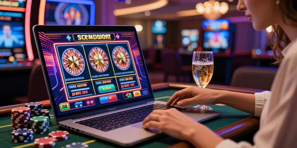Joueur enthousiaste sur un casino en ligne, entouré de jetons colorés et d'un écran affichant des jeux de casino.