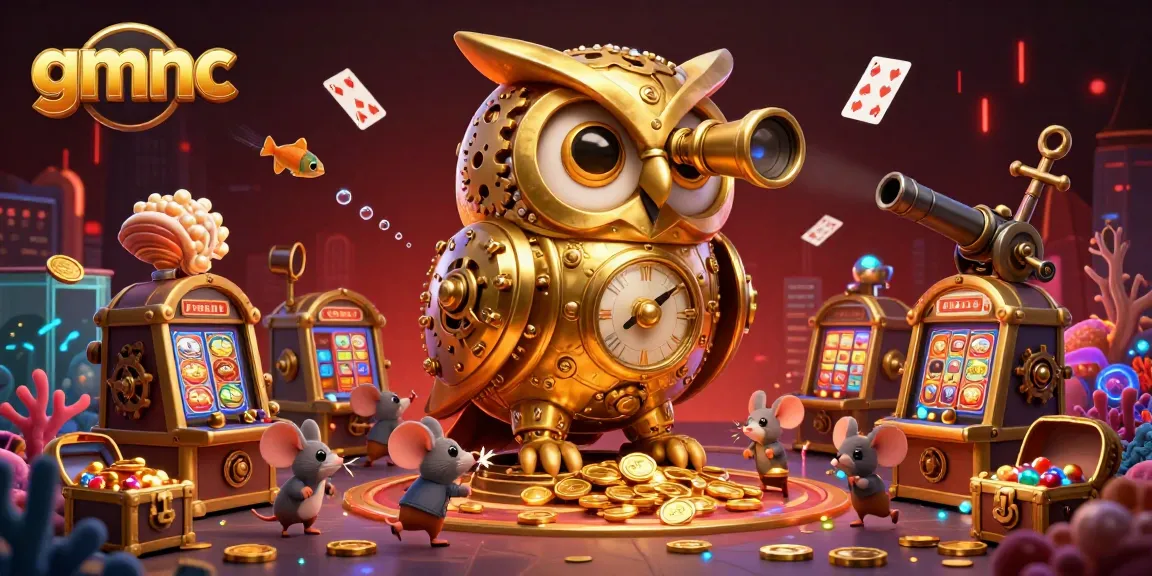 Experience gmnc's immersive casino world with a golden owl and tiny mice amidst dynamic treasures and games.