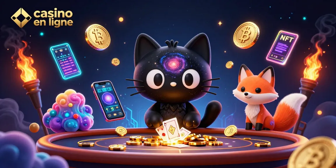 Jouez au casino en ligne pour gagner des jetons en or avec un chat noir stylisé.